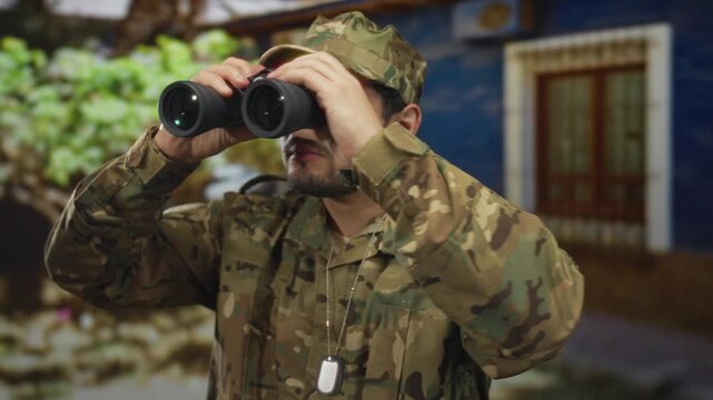 Man in camouflage uniform holding binoculars and looking upward by green foliage near building; duty vigilance.