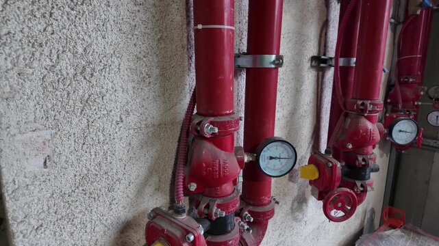 Industrial fire suppression sprinkler system installed on a warehouse ceiling. Red fire protection pipes, sprinkler heads and water distribution network designed for automatic fire safety response. Mo