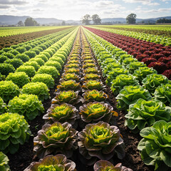 Fototapeta premium Rows of vibrant lettuce growing in a colorful farm field 