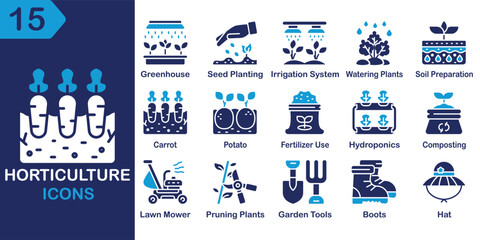 Horticulture solid icons collection. Containing plant, garden, greenhouse, irrigation, seed and more. Solid vector icons collection. Vector Illustration.