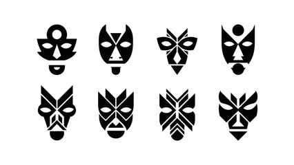 Fototapeta premium Set of 8 Tribal Masks Icons, African Tribal Masks, Ethnic Masks, Vector Icons