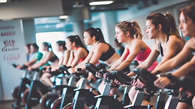 Education training class. Knowledge learning improvement study. A group of women riding stationary bikes in a gym, with a blurred background emphasizing the focus on the women.