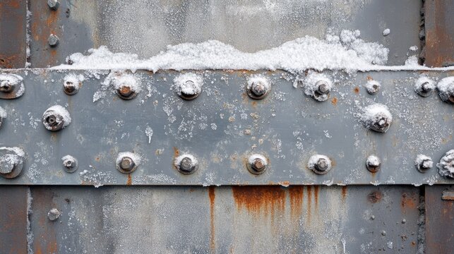 Rusty metal rivets and snow-covered surface of an old industrial structure