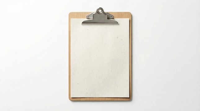 A blank clipboard with a sheet of paper on a plain white background