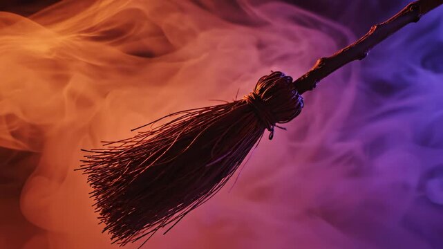 Slow motion capture of a miniature witch's broomstick elegantly rotating and flying against a swirling vortex of orange and purple atmospheric fog Slow, vortex, highspeed