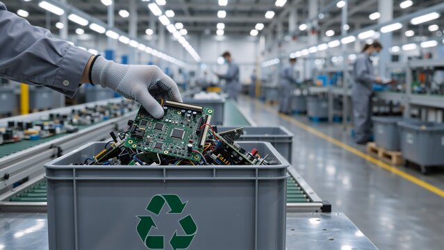 Gloved hand placing circuit board into recycling bin with green symbol. E-waste management in electronics factory
