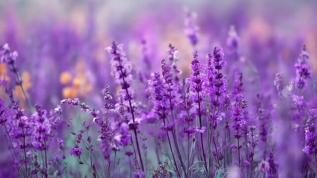 Field of vibrant purple lavender flowers swaying gently, with soft bokeh and a dreamy, serene atmosphere. 4k video