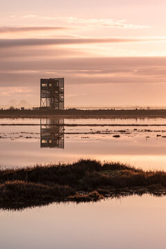 Sunset or sunrise on National park of Evros Delta, near Alexandroupolis and Turkish border, Dadia forest and protected wetland, bird migratory season, cloudy sky