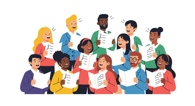 A diverse and joyful group of men and women sing together from sheet music, performing as an enthusiastic choir.
