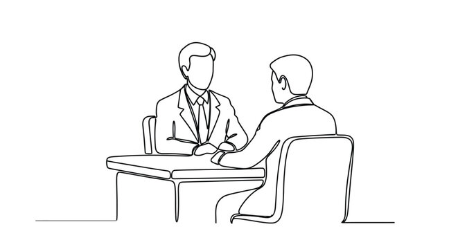 Continuous line drawing of a business meeting between two men at a desk
