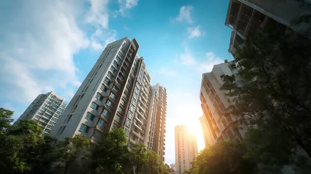 Real estate business market, house home building purchase sale. A highrise residential complex with tall buildings, lush green trees.