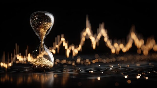 Glittering hourglass measures the passage of time against a backdrop of abstract financial fluctuations.