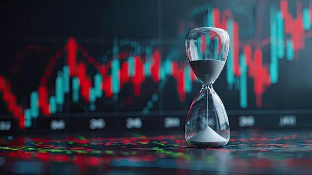Hourglass resting on a surface reflecting fluctuating market charts indicating the passage of time in finance