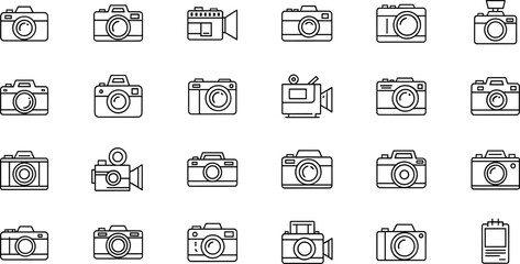 Collection of various camera icons and photography equipment illustrations in black and white line art style for graphic design use.
