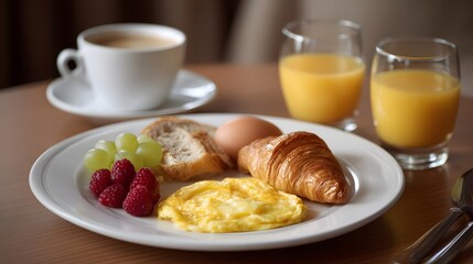 A delicious continental breakfast spread with croissant omelet fresh fruits coffee and orange juice