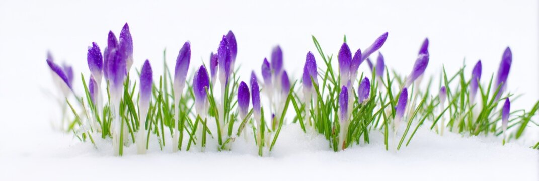Vibrant purple crocuses emerging through snow-covered ground in spring bloom