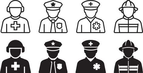 Emergency response team bold silhouette uniform stroke icons. © MdShohidul