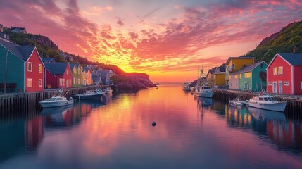 Obraz premium Colorful houses on a harbor at sunset.