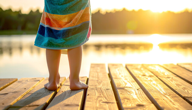 Kinderbeine am Steg mit buntem Handtuch am See im Sommerlicht