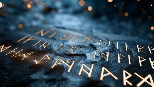 Glowing runic symbols carved into dark stone with blue bokeh lights creating mystical ancient atmosphere