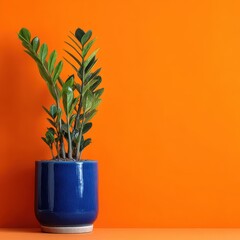 Vibrant green indoor plant in blue pot against bright orange background