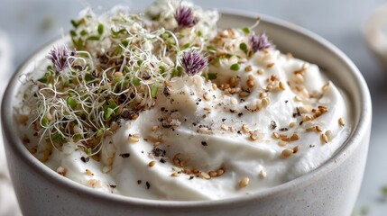 Creamy yogurt topped with fresh sprouts and seeds in a ceramic bowl