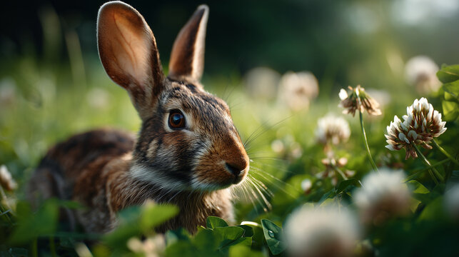 Close-up of a rabbit in a spring meadow with clover around, rabbits ears twitch, gentle breeze, cinematic shallow DOF, no text/logos/watermarks.