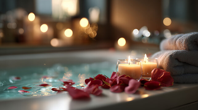 Photorealistic luxury spa bathtub for two with rose petals, candles and soft towel textures, warm spa lighting, calm romantic atmosphere, no faces visible, wide negative space for