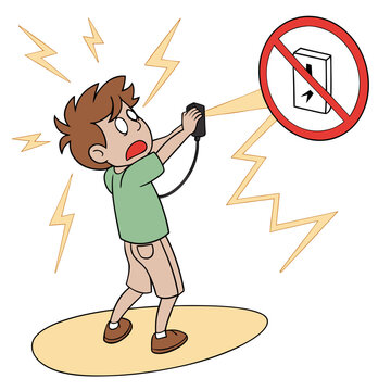 Boy getting electrocuted while using a phone near a prohibited electrical outlet Vector
