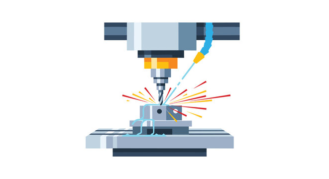 A CNC milling machine is actively cutting a metal workpiece with a drill bit, producing sparks and coolant.