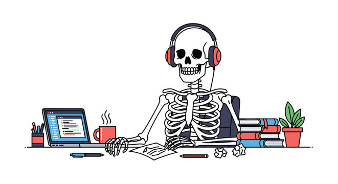 A skeleton with headphones sits at a cluttered desk with a laptop, books, and coffee, drawing on paper.