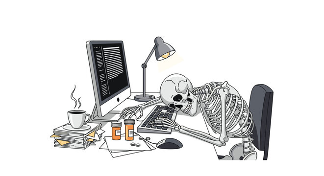 A skeleton slumped over a computer keyboard at a desk with pill bottles, a lamp, and coffee.