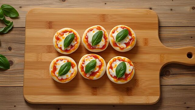 Assorted Personal Mini Pizzas on Rustic Wooden Board &ndash; Overhead Food Presentation