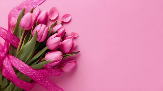 Mothers Day, Valentines Day, love holiday theme. A vibrant bouquet of pink tulips tied with a bright pink ribbon, set against a vivid pink background. The tulips are in full bloom.