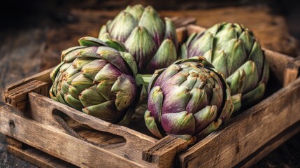 Obraz premium Freshly harvested artichokes in rustic wooden box.