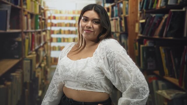 Woman shows bare stomach and points finger while smiling in a library aisle among tall bookshelves, hand on hip pose; confidence.
