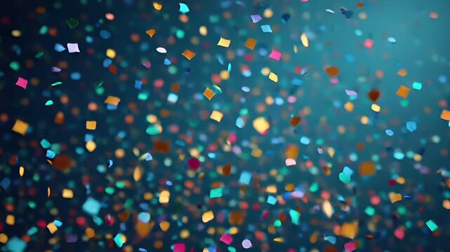 Birthday celebration theme for party event. A vibrant and festive scene of colorful confetti falling against a deep blue background, creating a cheerful atmosphere.