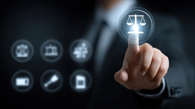 Business professional interacts with glowing digital interface displaying legal and justice symbols