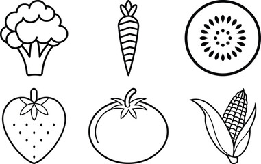 Minimalist Line Art Icon Set of Healthy Vegetables and Fruits Including Broccoli, Carrot, Kiwi, Strawberry, Tomato, and Corn - Scalable and Editable Vector Illustration
