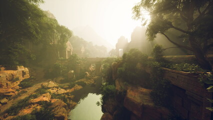 Fototapeta premium sunlit jungle canyon mist ancient ruins, reflective river winds through mossy cliffs and vinecovered terraces, hanging stone bridge arches between trees,