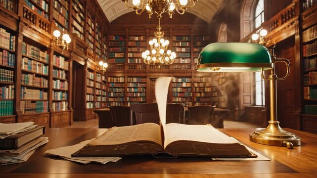 A grand library filled with books, illuminated by chandeliers and lamps, with a desk