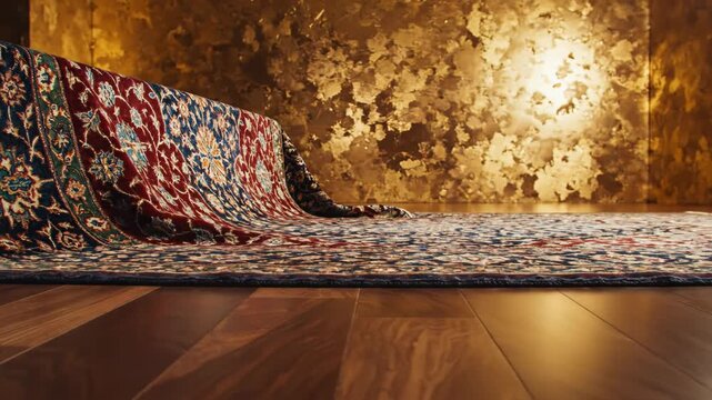 A patterned rug drapes over a golden wall on a wooden floor, with detailed, colorful designs
