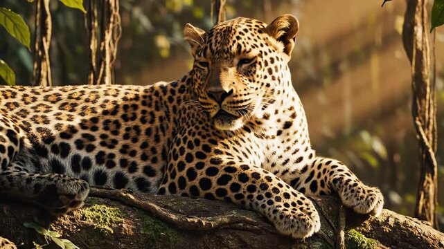 A regal leopard rests on a sunlit branch in a lush forest, displaying its patterned fur