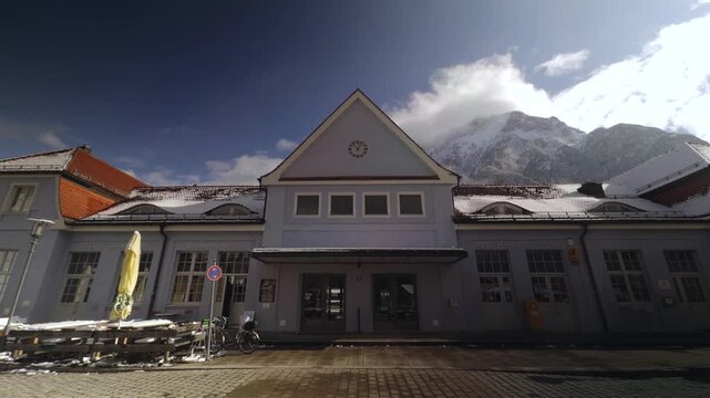 Alpine architecture of Mittenwald train station, Germany. Located in a premier tourist region of Upper Bavaria. The last German railway stop before reaching the Austrian border