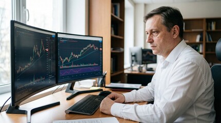A man in a white shirt sits at a desk with two computer monitors displaying stock charts in a modern office.