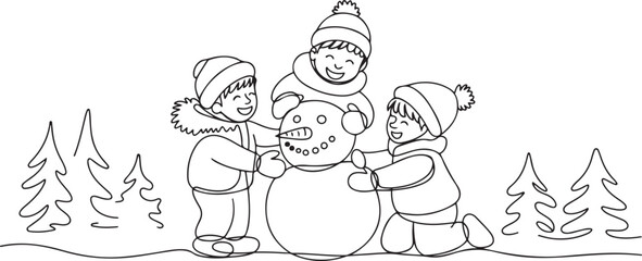 Single one line drawing happy children make snowman together. Snowy forest, little boys and girls in warm clothes, New Year's snowman. one line Icon drawing