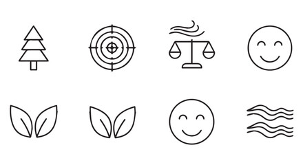 Set of eight line icons featuring nature and emotions with symbols for tree, target, balance, happiness, and leaves.