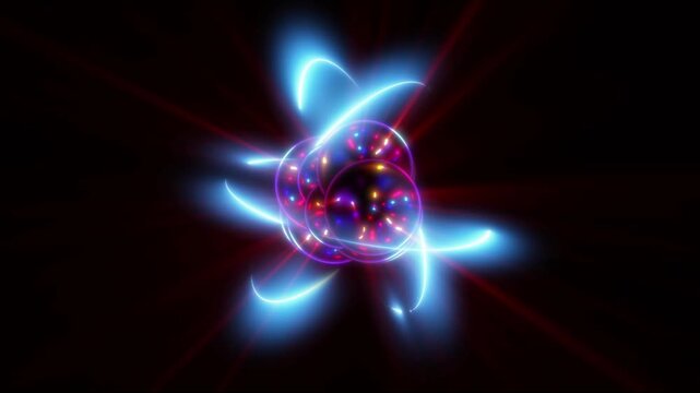 3D illustration of an atom showing the nucleus with protons and neutrons.
