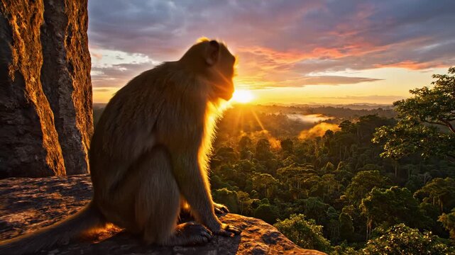 A monkey sits atop a stone, gazing at a sunrise over a lush green forest