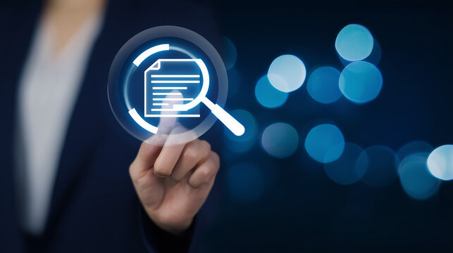 &Iacute;cone de lupa sobre documento digital representa auditoria, pesquisa de informa&ccedil;&otilde;es, an&aacute;lise documental, verifica&ccedil;&atilde;o de dados e gest&atilde;o inteligente de processos.